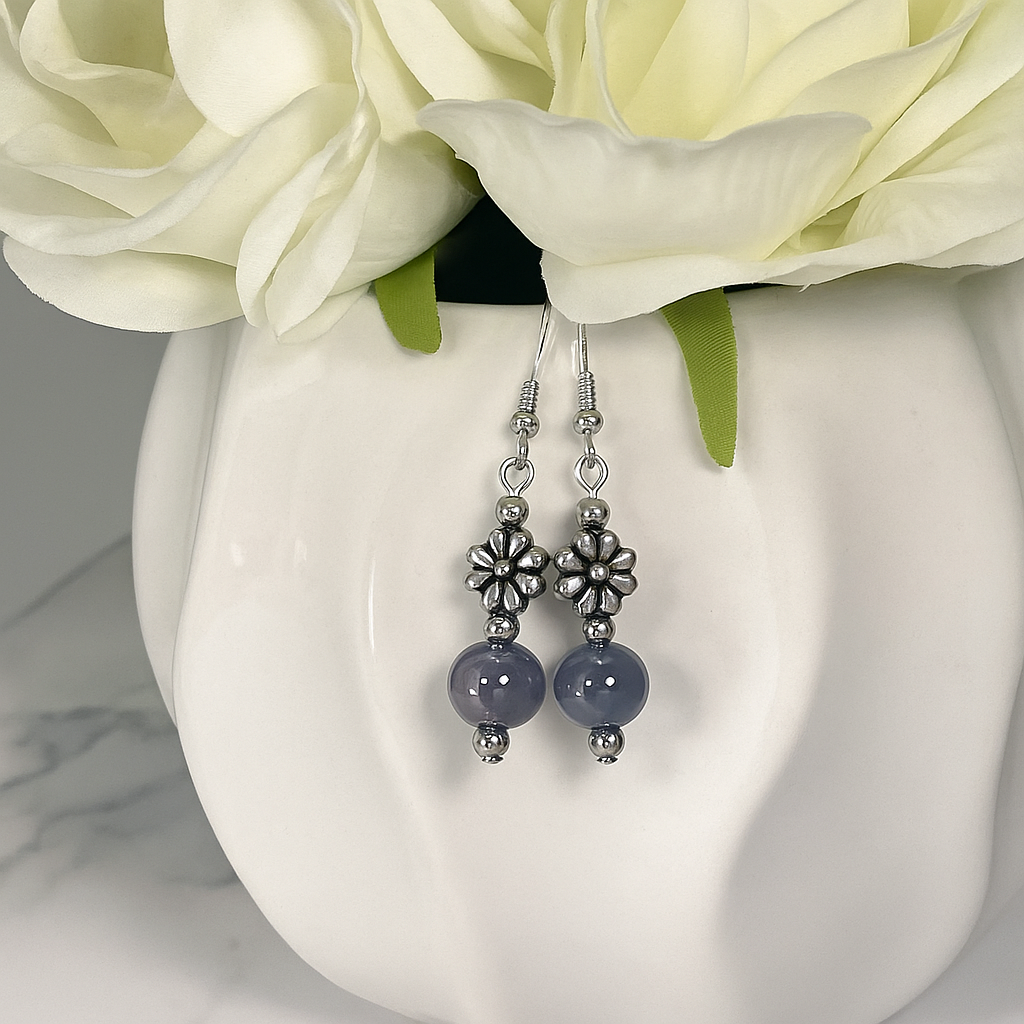 Purple Beaded Flower Drop Earrings