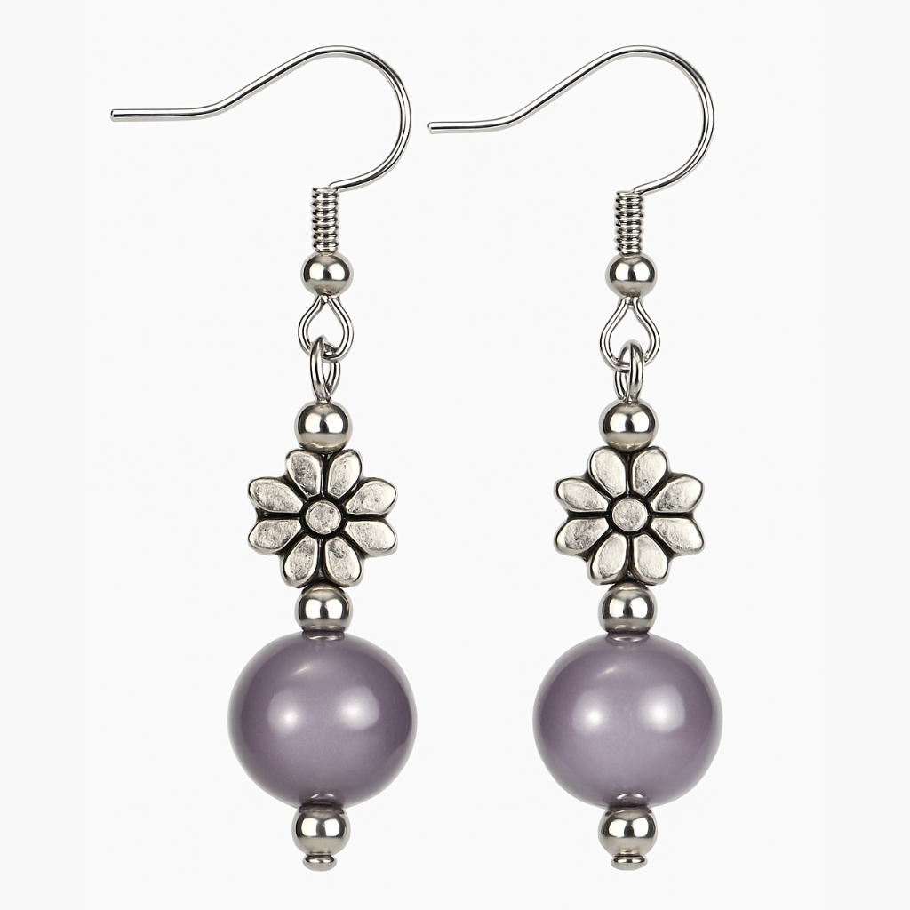Purple Beaded Flower Drop Earrings