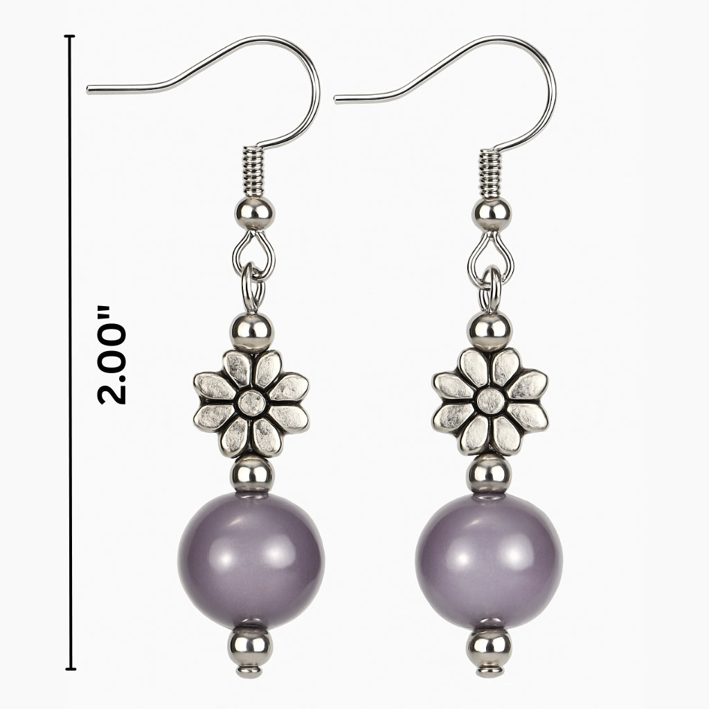 Purple Beaded Flower Drop Earrings