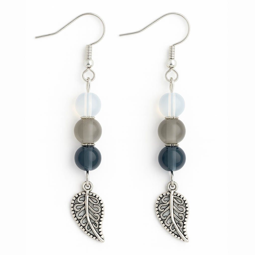 Blue & Gray Beaded Leaf Drop Earrings