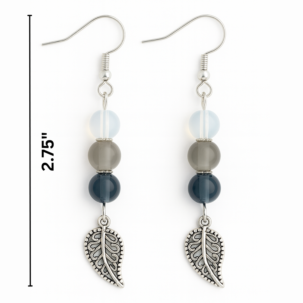 Blue & Gray Beaded Leaf Drop Earrings