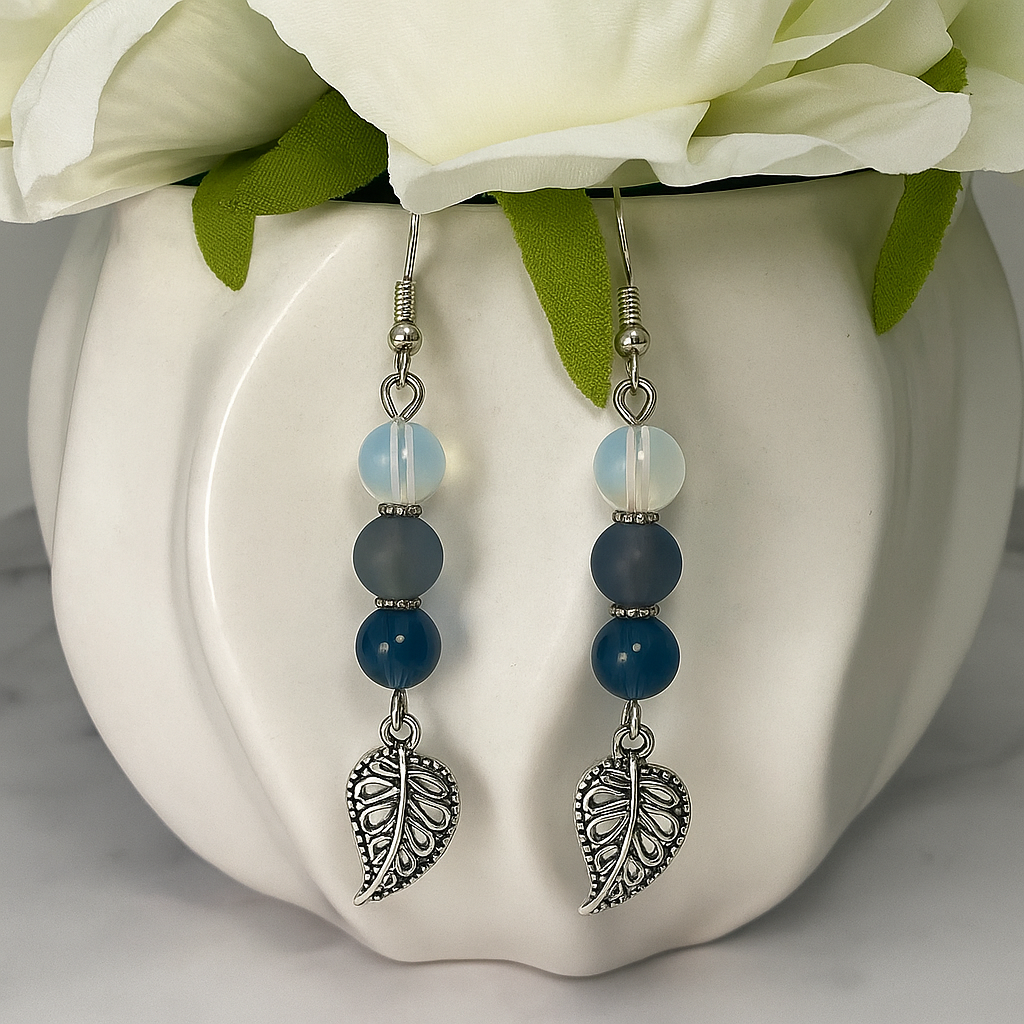 Blue & Gray Beaded Leaf Drop Earrings