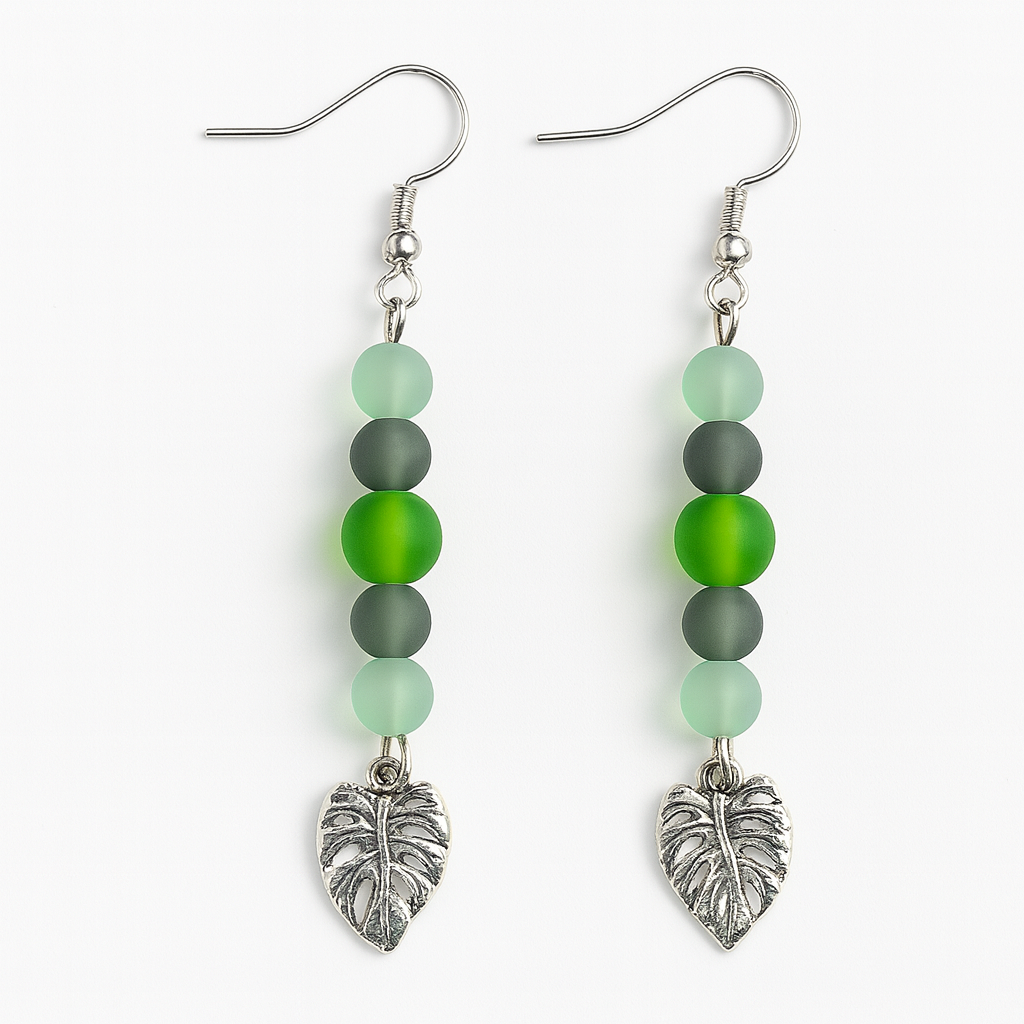 Green Beaded Monstera Leaf Drop Earrings