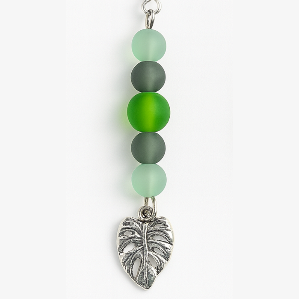 Green Beaded Monstera Leaf Drop Earrings