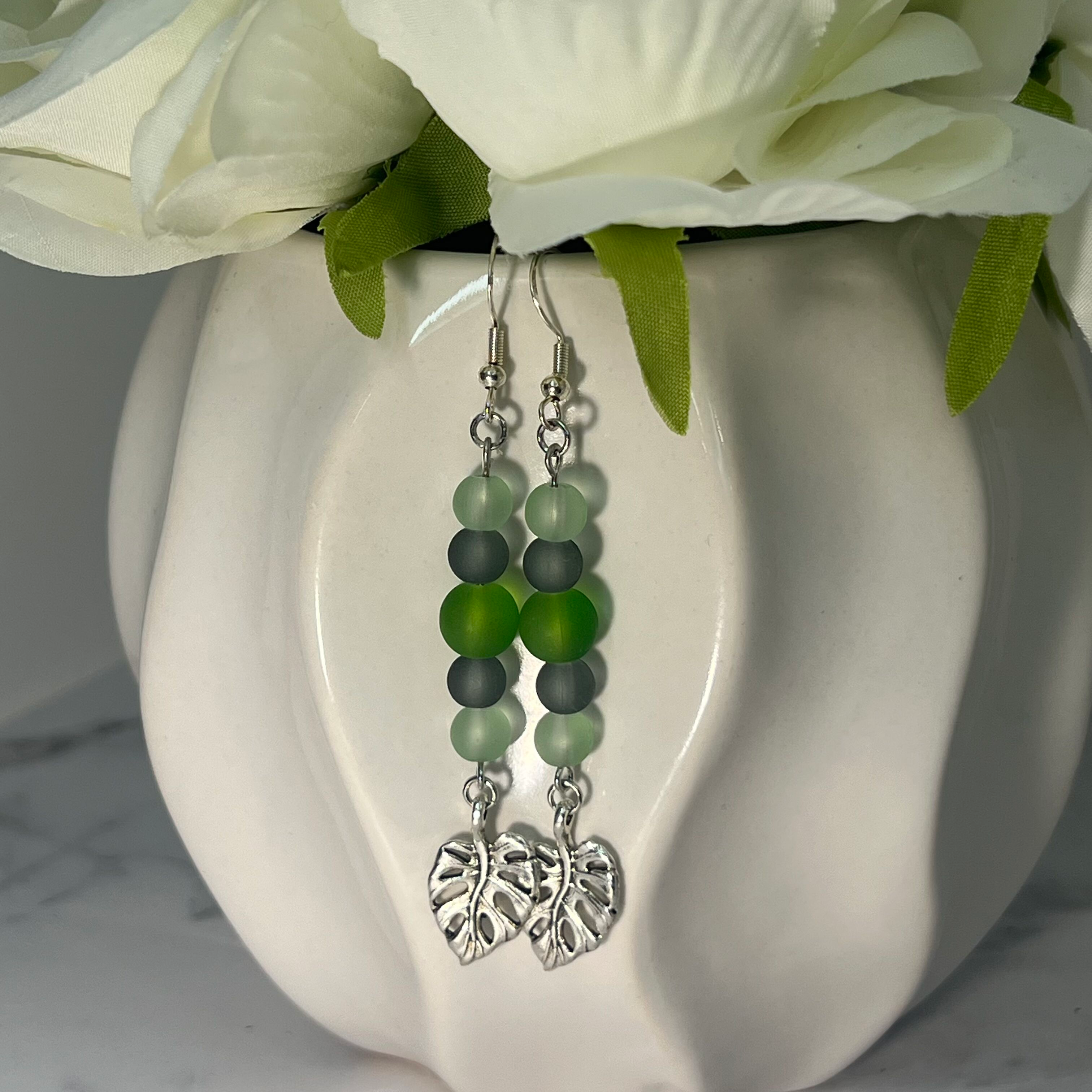 Green Beaded Monstera Leaf Drop Earrings