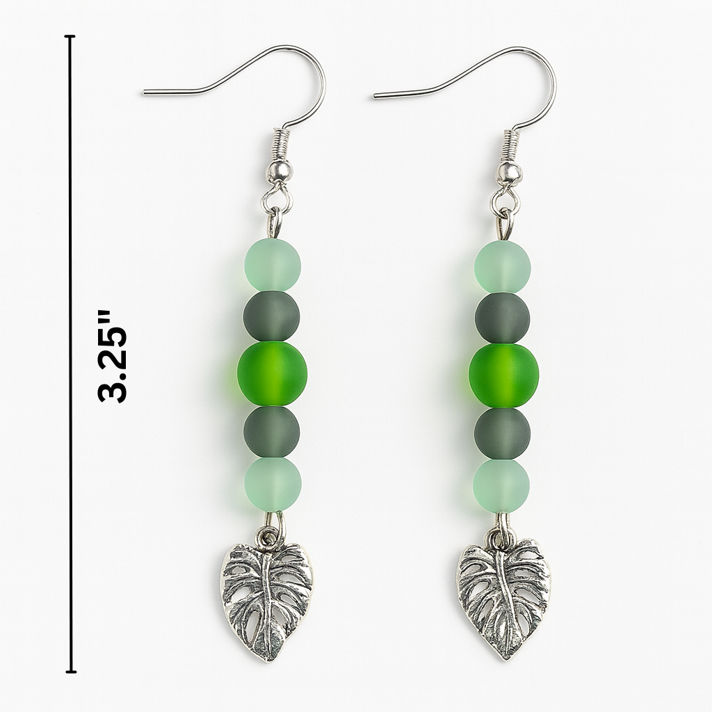 Green Beaded Monstera Leaf Drop Earrings