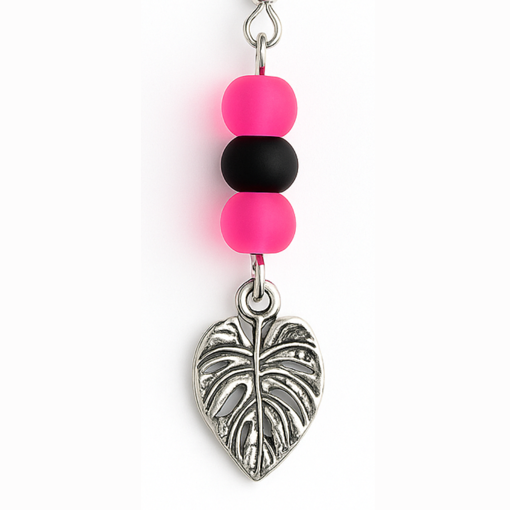 Pink & Black Beaded Monstera Leaf Drop Earrings