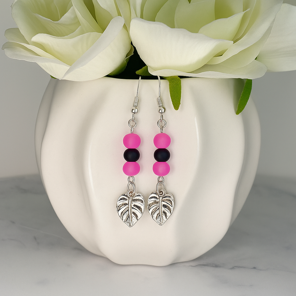 Pink & Black Beaded Monstera Leaf Drop Earrings