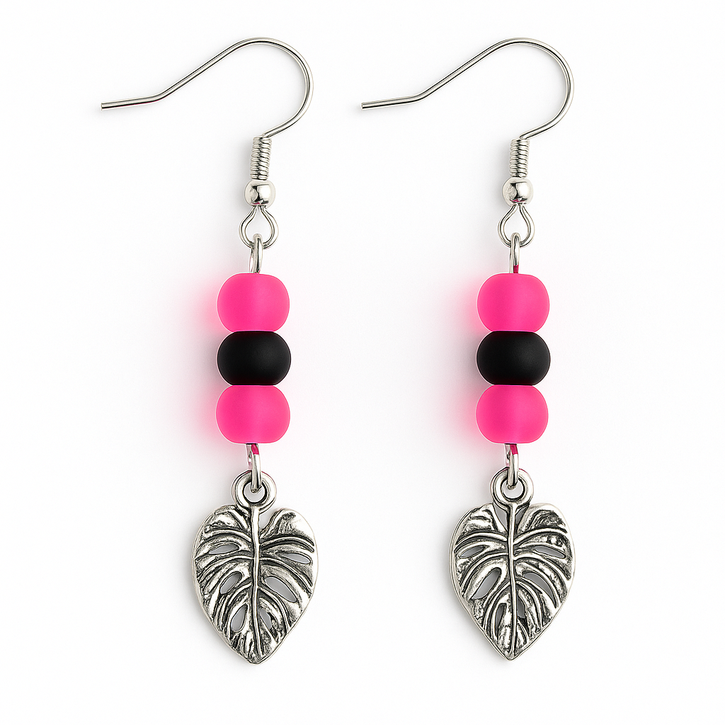 Pink & Black Beaded Monstera Leaf Drop Earrings
