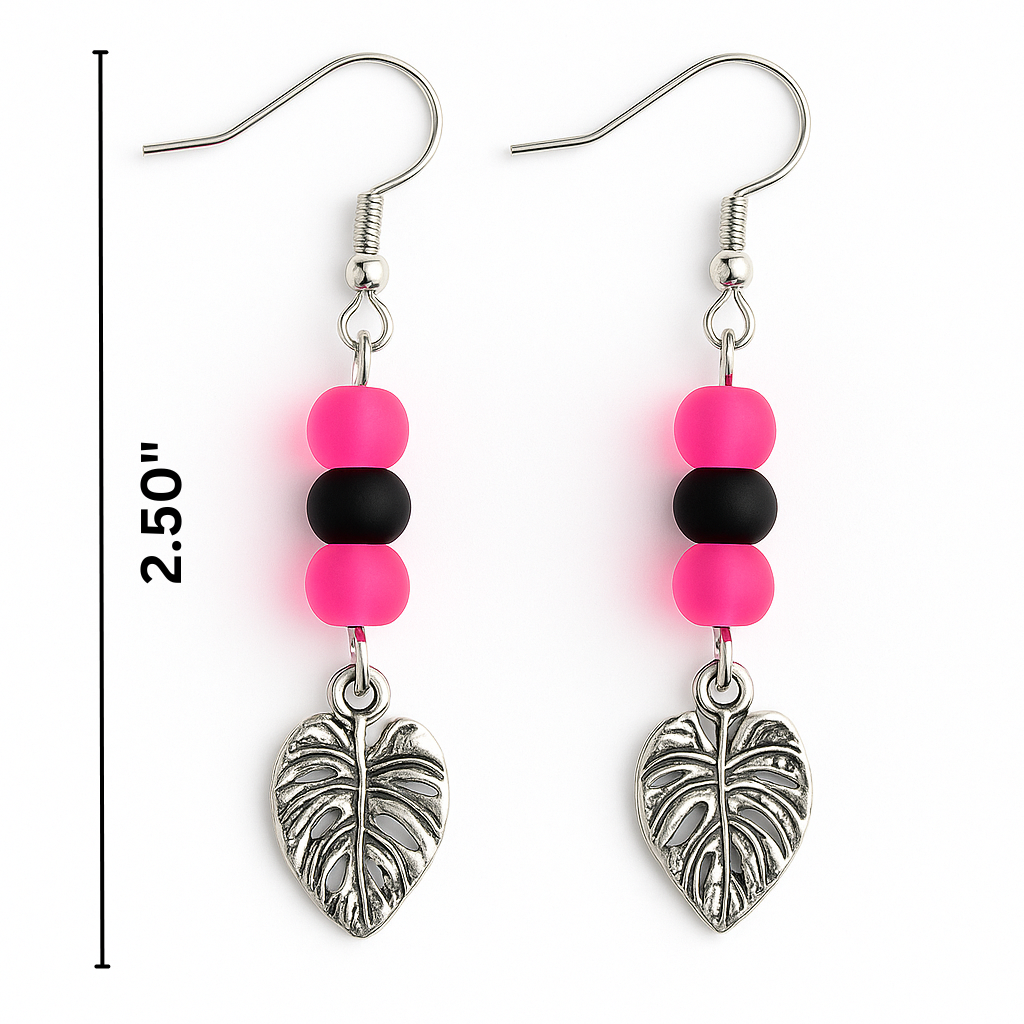 Pink & Black Beaded Monstera Leaf Drop Earrings