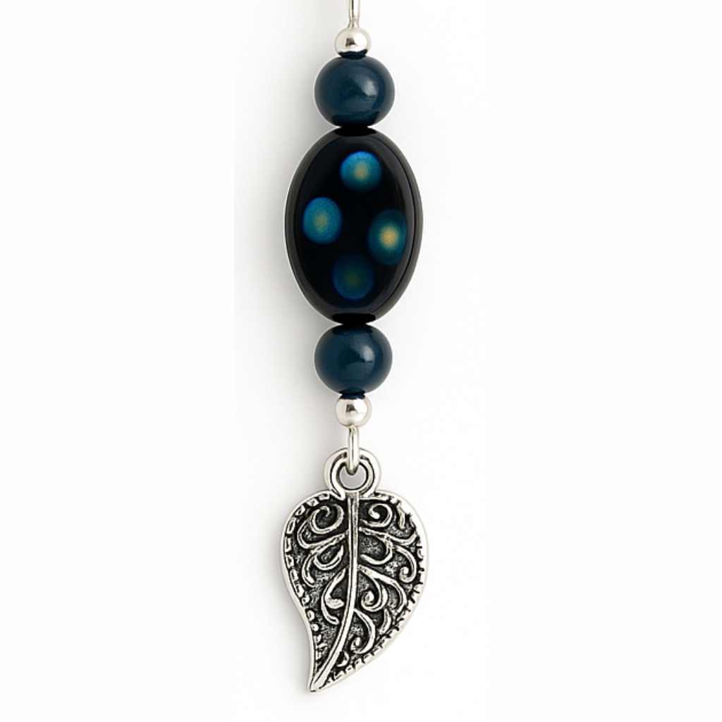 Blue Beaded Leaf Drop Earrings