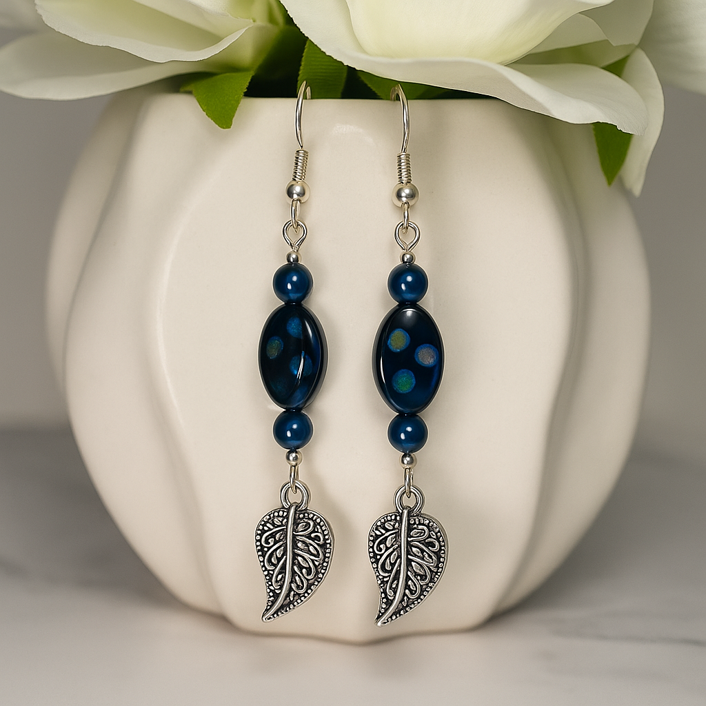 Blue Beaded Leaf Drop Earrings