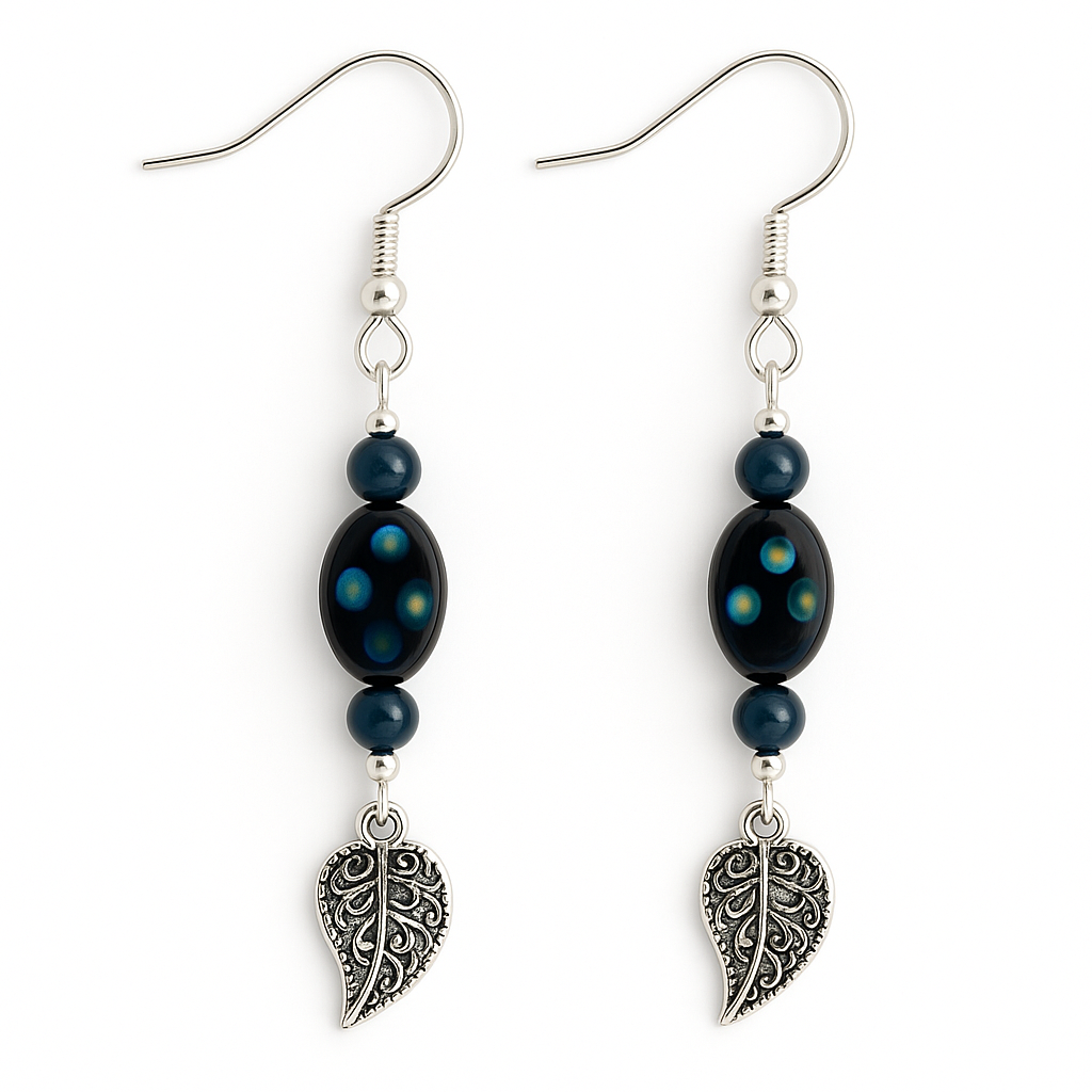 Blue Beaded Leaf Drop Earrings