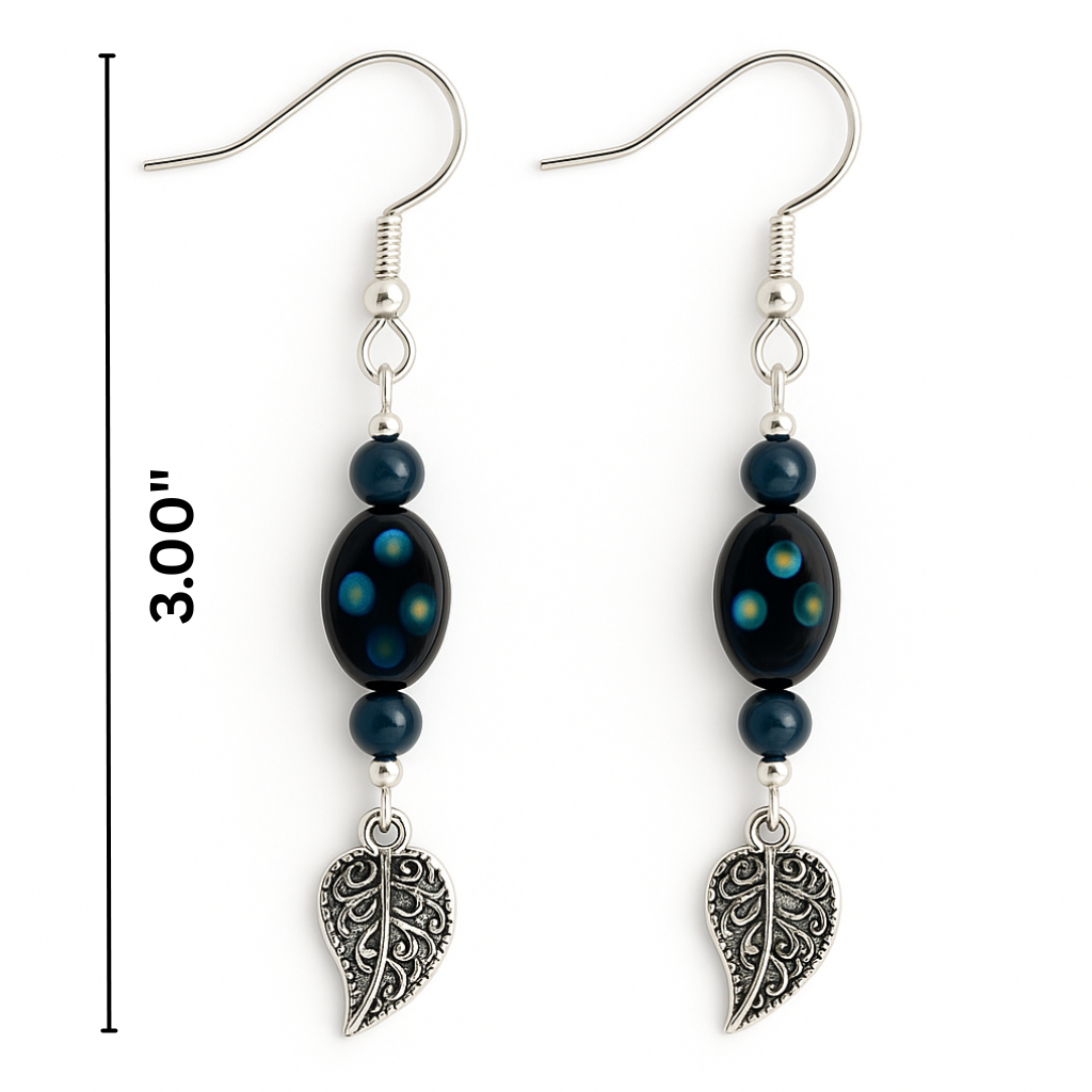 Blue Beaded Leaf Drop Earrings