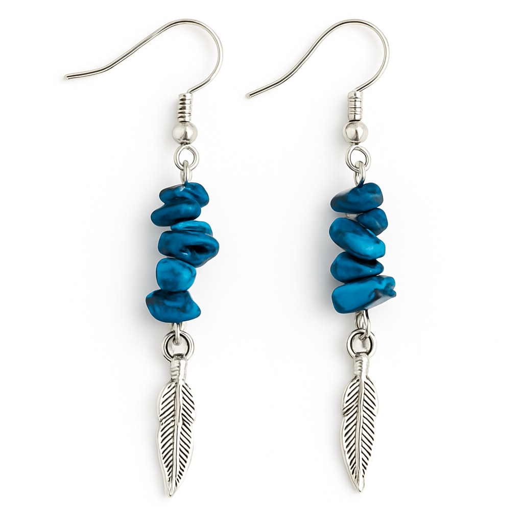 Turquoise & Blue Stone Chip Feather Drop Earrings