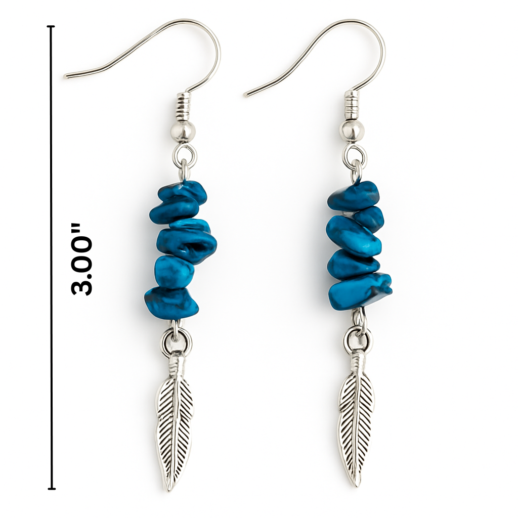 Turquoise & Blue Stone Chip Feather Drop Earrings