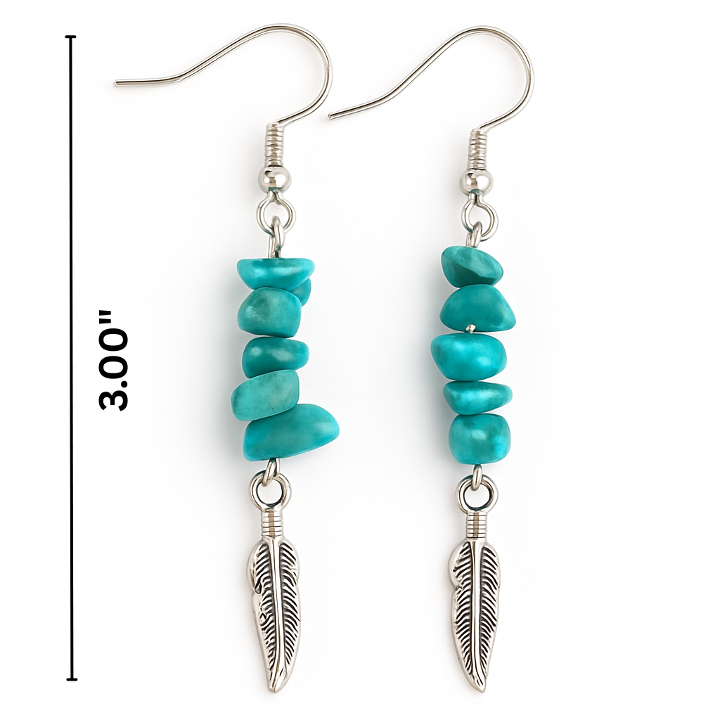 Turquoise & Blue Stone Chip Feather Drop Earrings