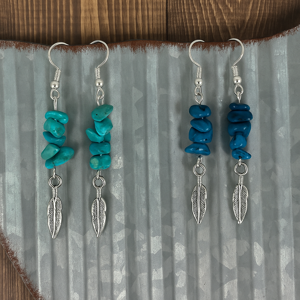 Turquoise & Blue Stone Chip Feather Drop Earrings