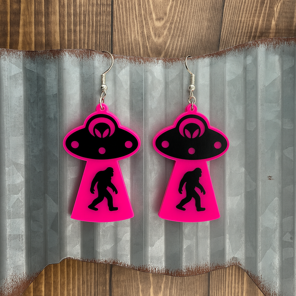 Pink UFO & Bigfoot Statement Earrings