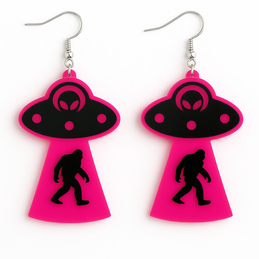 Pink UFO & Bigfoot Statement Earrings