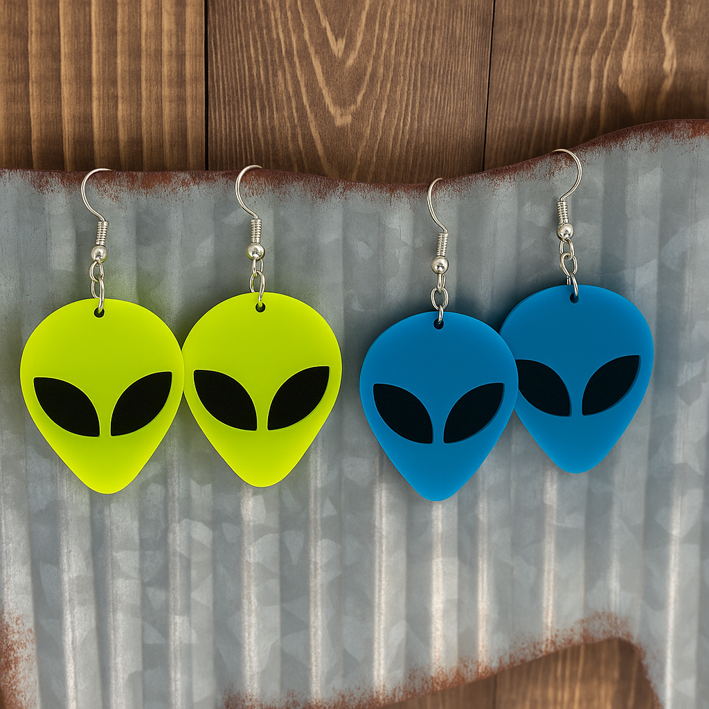 Alien Head Acrylic Earrings – Neon Yellow or Blue