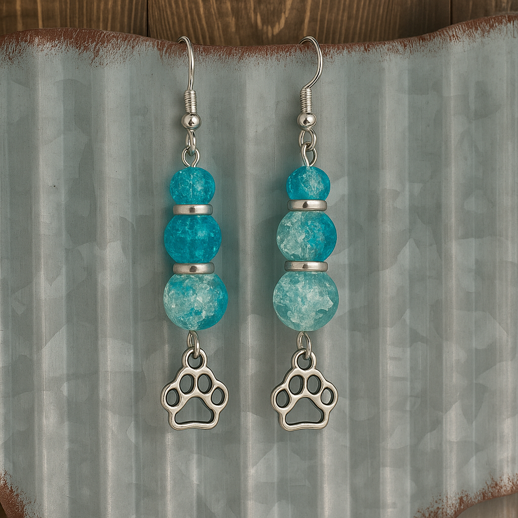 Blue Beaded Paw Print Drop Earrings