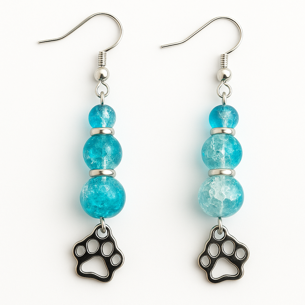 Blue Beaded Paw Print Drop Earrings