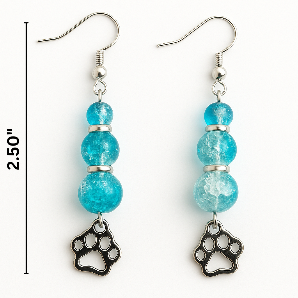 Blue Beaded Paw Print Drop Earrings