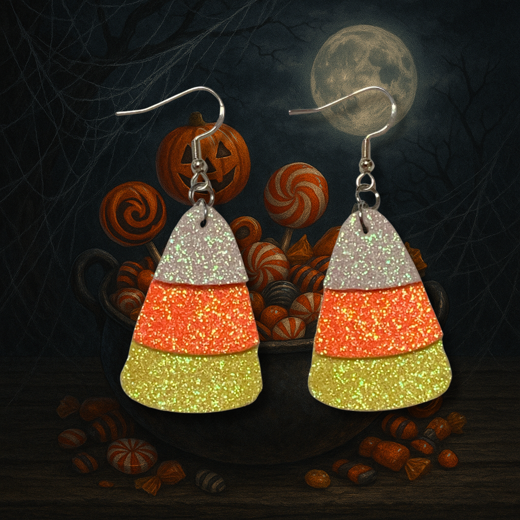 Halloween Glow Earrings – Candy Corn & Ghost | Lightweight Glitter Faux Leather | Glow in the Dark