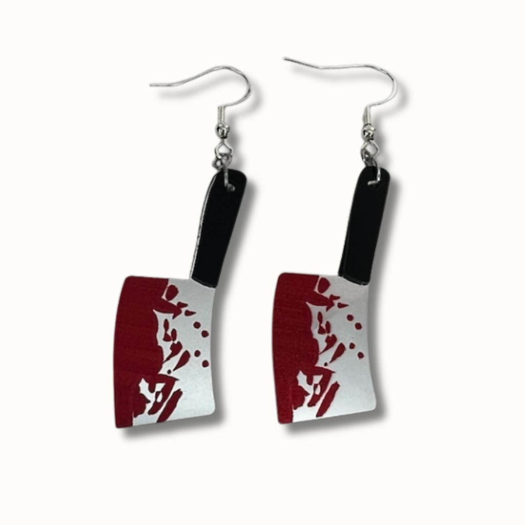 Bloody Blade Earrings – Cleaver & Guillotine | Mirrored Acrylic Halloween Accessories