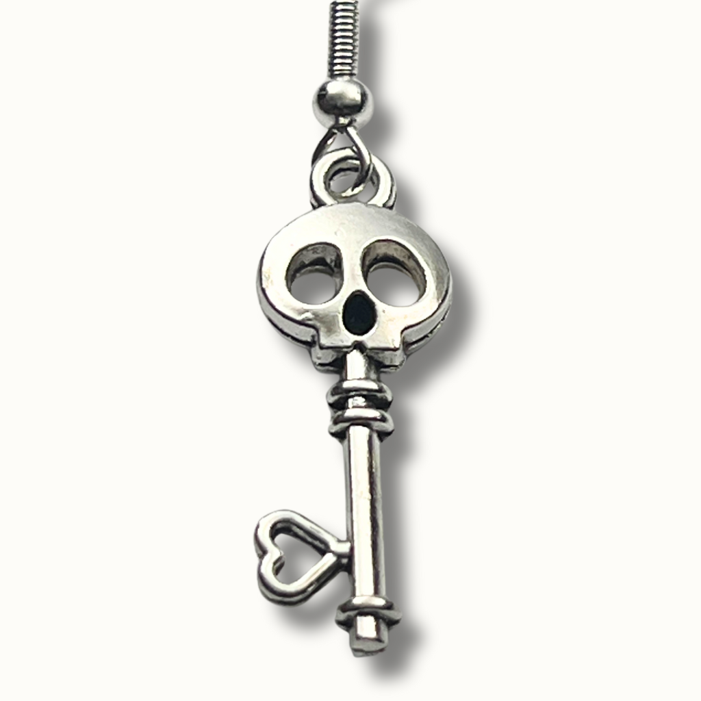 Skull Key Earrings | Lightweight Silver-Tone Halloween Accessories
