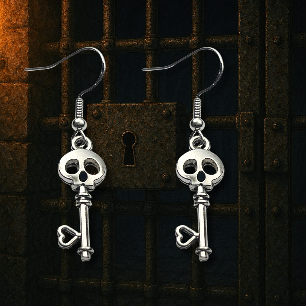 Skull Key Earrings | Lightweight Silver-Tone Halloween Accessories