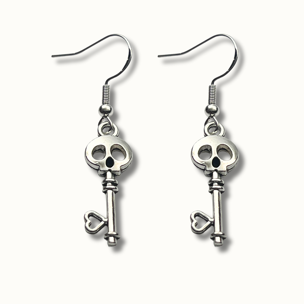 Skull Key Earrings | Lightweight Silver-Tone Halloween Accessories