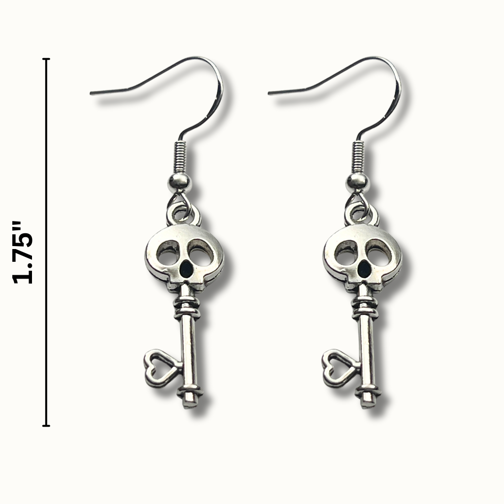 Skull Key Earrings | Lightweight Silver-Tone Halloween Accessories