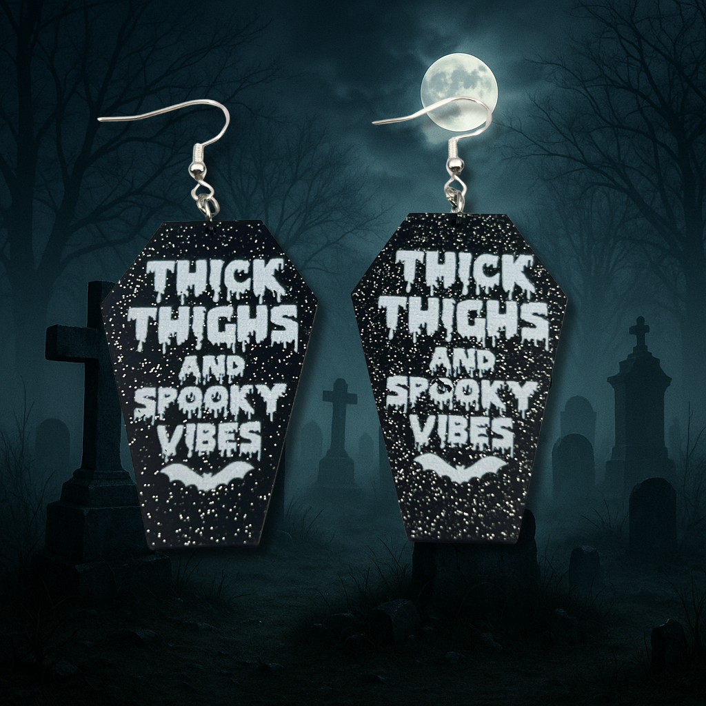 Thick Thighs & Spooky Vibes Earrings | Glittery Coffin Halloween Accessories