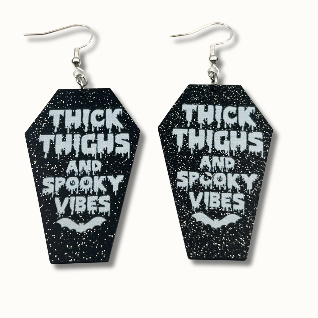 Thick Thighs & Spooky Vibes Earrings | Glittery Coffin Halloween Accessories