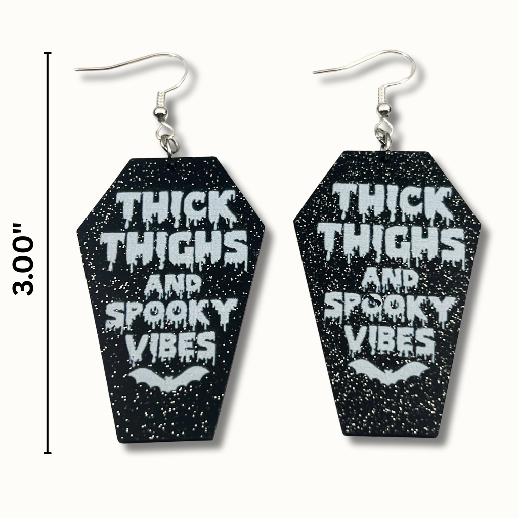 Thick Thighs & Spooky Vibes Earrings | Glittery Coffin Halloween Accessories