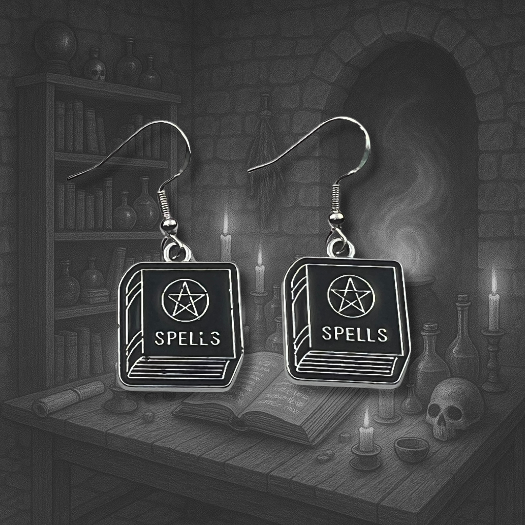 Spell Book Earrings | Silver-Tone Witchy Halloween Accessories