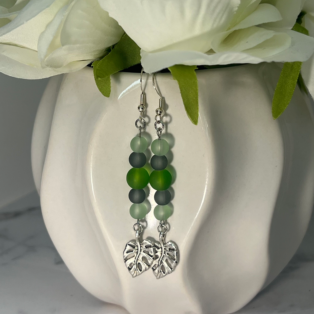Green Beaded Monstera Leaf Drop Earrings