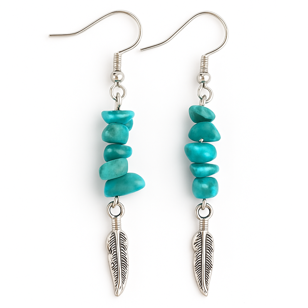 Turquoise & Blue Stone Chip Feather Drop Earrings