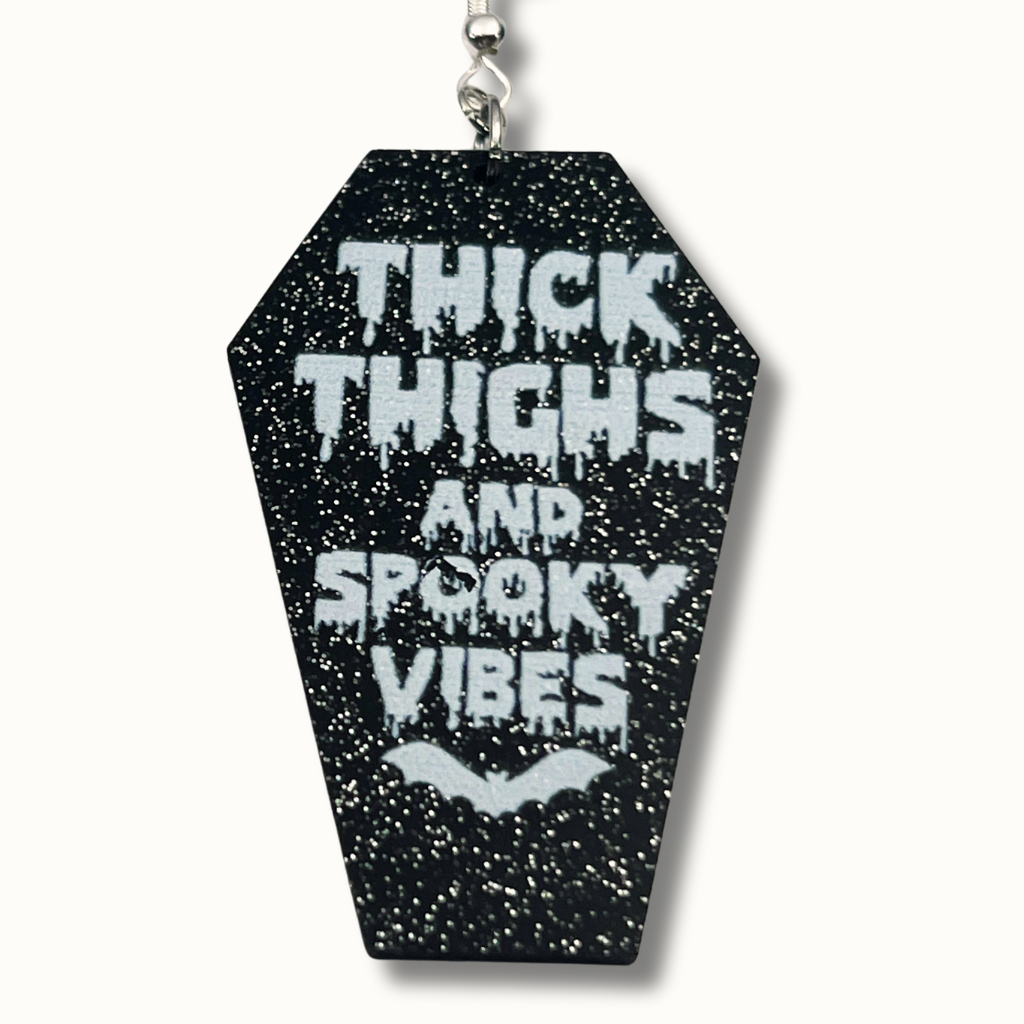 Thick Thighs & Spooky Vibes Earrings | Glittery Coffin Halloween Accessories